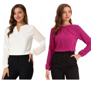 Allegra K Women's Chiffon Semi Sheer Keyhole Neck Elegant Work Blouse 2 Packs - 1 of 4