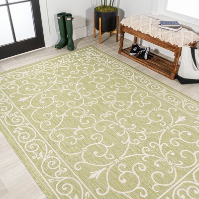 Boho-Chic Green and Cream Vintage Filigree 9' x 12' Indoor/Outdoor Rug