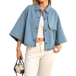 Imily Bela Womens Cropped Denim Jackets Casual Button Down Jean Shirt Shacket Loose 3/4 Sleeve Coat with Pockets - 1 of 4