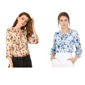INSPIRE CHIC Women's Floral Bow Tie Neck Vintage 3/4 Sleeve Blouse 2 Packs - 1 of 4