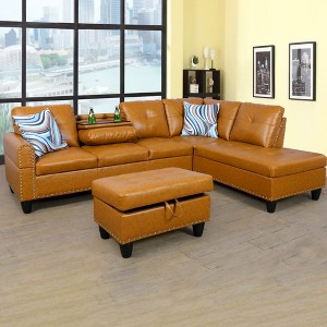 3-Piece L-Shaped Combination Sofa Set, Ginger Semi Pu Synthetic Leather Sofa - 1 of 4