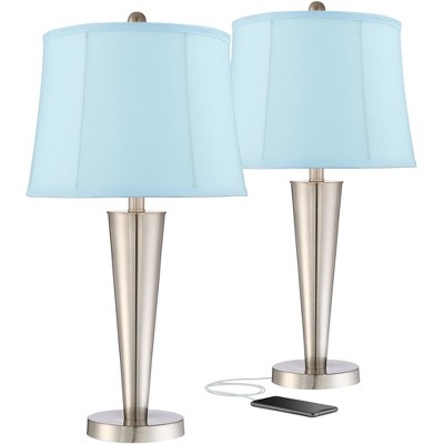 360 Lighting Modern Art Deco Style Table Lamps Set of 2 with USB Charging Port Nickel Metal Blue Softback Drum Shade Living Room