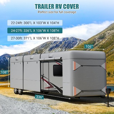 Heavy Duty RV Cover for Travel Trailers, Waterproof Windproof UV-Resistant Camper Cover with Vent Ports, Elastic Straps, Dual Zipper Doors
