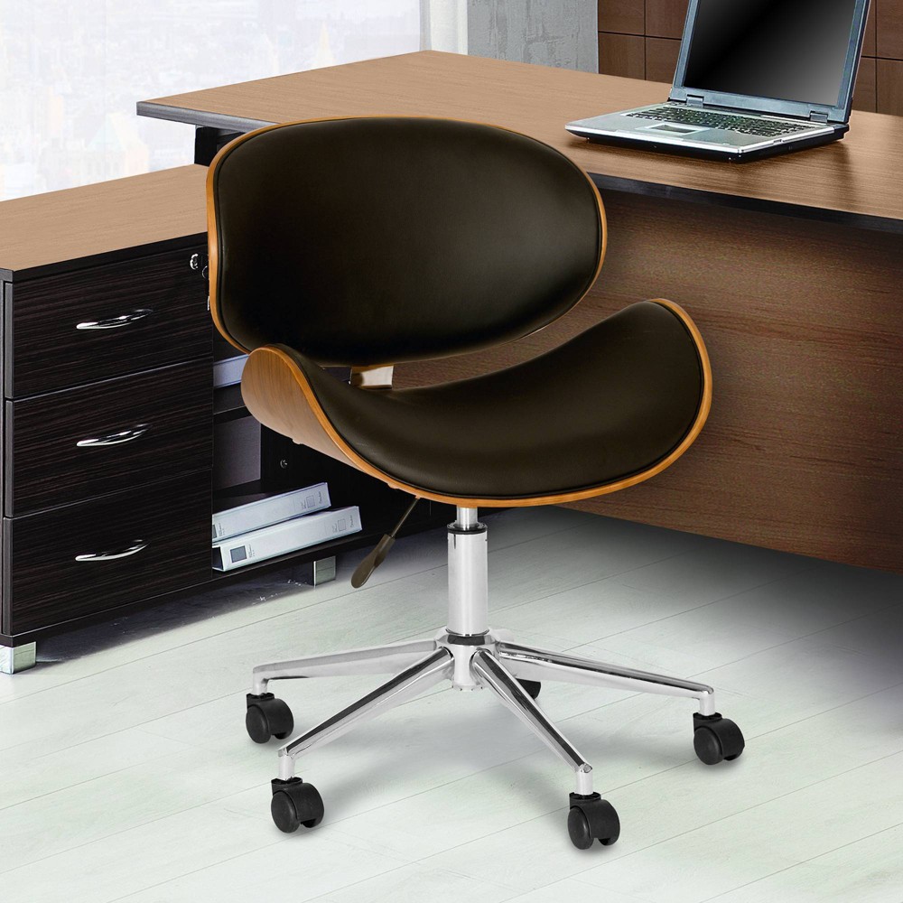 Daphne Faux Leather Chrome Office Chair Black/Walnut - Armen Living: Armless, 360 Swivel, Adjustable Height