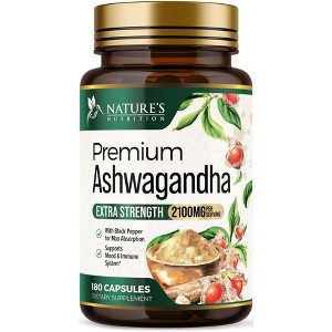 Organic Ashwagandha Capsules 2100mg Supplement w/ Black Pepper Root Powder - 180 Capsules By Nature's Nutrition - 1 of 4