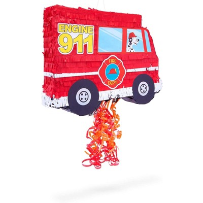 Blue Panda Fire Truck Pull String Pinata for Birthday Party Decorations (16 x 12.3 x 3 In)