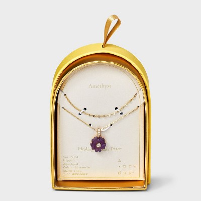 14K Gold Dipped Cubic Zirconia Amethyst Flower Pendant Multi-Strand Necklace - A New Day™ Gold