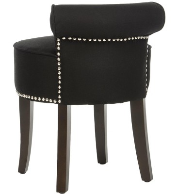 Petite Black Linen Birchwood Vanity Stool with Silver Nailhead Trim