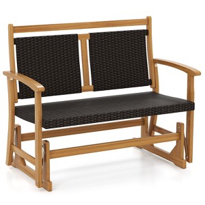 Tangkula Patio Rattan Glider Bench Swing Gliding Rocker for 2 w/ Acacia Wood Frame - 1 of 4