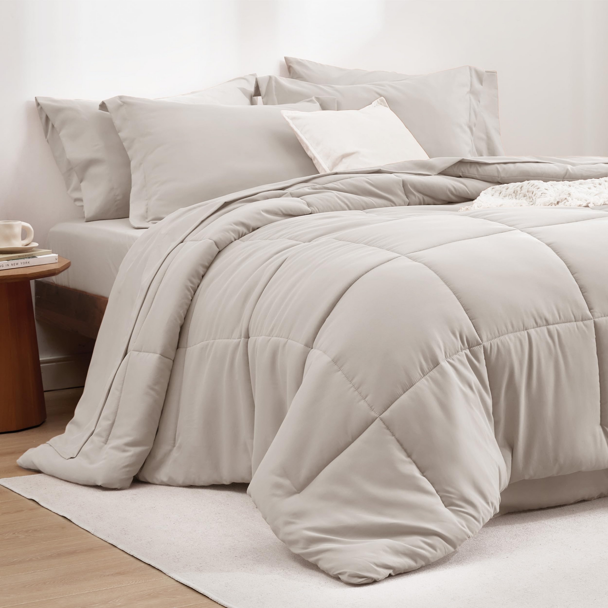7-Piece Queen Beige Comforter Set - Solid Bed in a Bag with Comforter, Sheets, Pillowcases & Shams