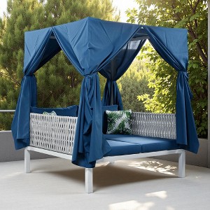 Outdoor Patio Rattan Canopy Daybed Sunbed with Curtain and Woven Rope Arm - 1 of 4