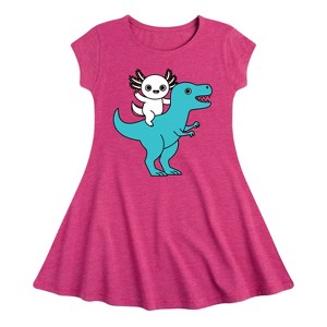 Girls' - Instant Message - Axolotl Riding A Dinosaur Fit & Flair Cap Sleeve Graphic Dress - 1 of 4