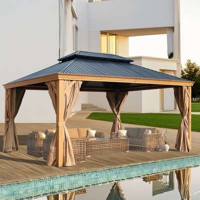 Aoodor 12'x 16'Wooden Grain Coated Aluminum Gazebo Hardtop 2-Tier Black Steel Roof, Wooden Print Frame with Curtain&Netting for Patios, Gardens, Lawns
