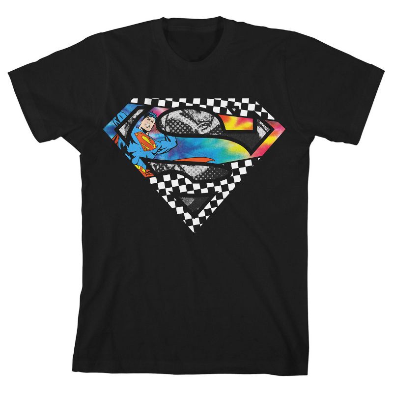 Superman Logo Checkered Comics Background Black T-shirt Toddler Boy to Youth Boy, 1 of 4
