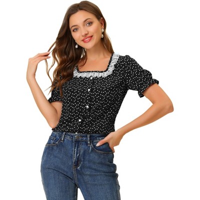 INSPIRE CHIC Women's Square Neck Button Ruffle Sleeve Love Heart Printed Blouse
