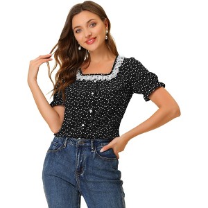 INSPIRE CHIC Women's Square Neck Button Ruffle Sleeve Love Heart Printed Blouse - 1 of 4