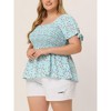 Agnes Orinda Women's Plus Size Floral Square Neck Smocked Bow Tie Short Sleeve Peplum Blouses - 2 of 4