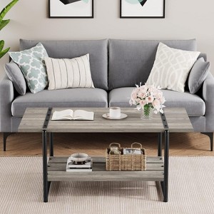 Coffee Table, 41'' Large Gray Wood Coffee Table with Storage Shelf - 1 of 4
