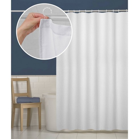 Smart Shower Curtains Waffle Fabric With Attached Hooks White