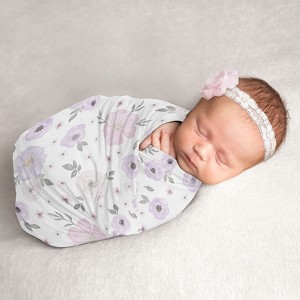 Sweet Jojo Designs Girl Swaddle Baby Blanket Watercolor Floral Purple Grey and Pink - 1 of 4