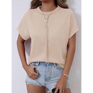 Women's Casual Waffle Knit Crew Neck Short Sleeve Loose Top - 1 of 4