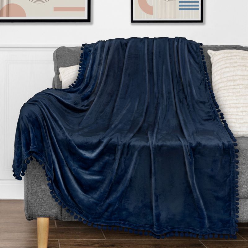 PAVILIA Fleece Pom Pom Blanket Throw for Sofa Bed, Soft Lightweight Pompom Fringe Blanket for Couch, 2 of 8
