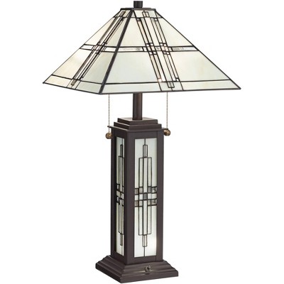 Robert Louis Tiffany Mission Table Lamp with Nightlight LED Oil Rubbed Bronze Geometric Stained Glass Shade Living Room Bedroom