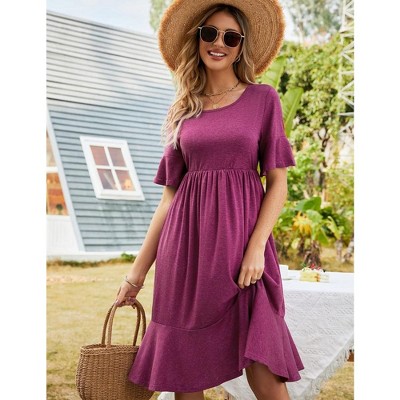 Женские платья KOJOOIN Dress Ruffled Sleeve High Waist A Line Dress Round Neck Fit and Flare Dress Flowy Dress with Flounce Hem,Wine - M — фото 5