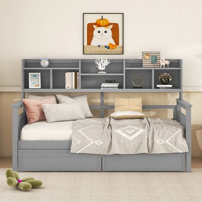 Daybed,Wood Slat Support Daybed Frame With Bedside Shelves And Two Drawers,Daybed Storage,Daybed For Bedroom-Cuddlewood