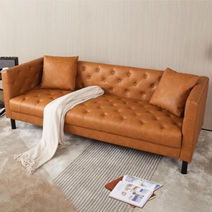81" Modern Sofa Couches for Living Room, Leather Couch with Handmade Button, 3 Seater Sofa with Deep Seats, Brown Chesterfield Sofa for Apartment - 1 of 4