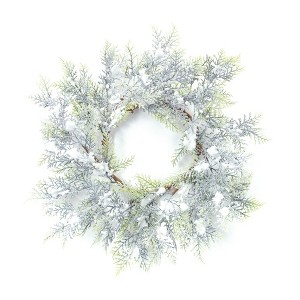 Snowy Cedar Wreath – 15"D Christmas Door Wreath Plastic Holiday Accent by Melrose - 1 of 3