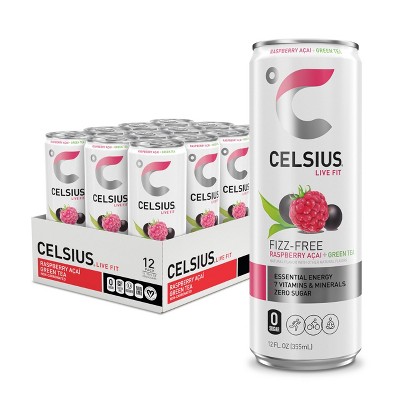 Celsius Raspberry Acai Green Tea, Functional Essential Energy Drink - 12 Fl Oz (Pack Of 12)