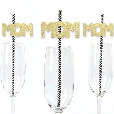 Big Dot of Happiness Gold Glitter Mom Party Straws - No-Mess Real Gold Glitter Cut-Outs & Decorative Mother's Day Paper Straws - Set of 24
