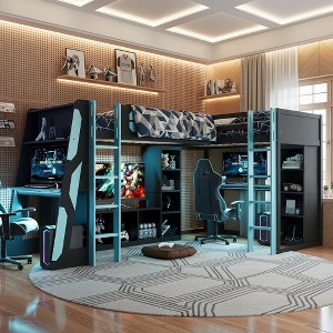 Polibi L‑Shaped Twin Loft Gaming Bed with RGB Lighting, USB Power Hub & Full Storage Workstation Setup - 1 of 4