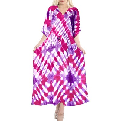 LA LEELA Women's House Daily Routine Evening Wear Holiday Casual Loungewear Relaxed Fit Slit Dress Caftan Long Evening Gown 2X-3X Pink, Tie Dye Design