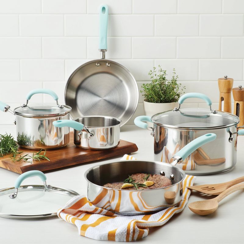 Rachael Ray Create Delicious 10pc Stainless Steel Cookware Set Light Blue Handles, 2 of 10
