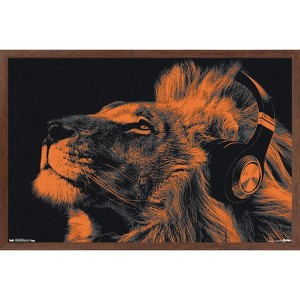 Trends International Lion With Headphones Framed Wall Poster Prints - 1 of 4