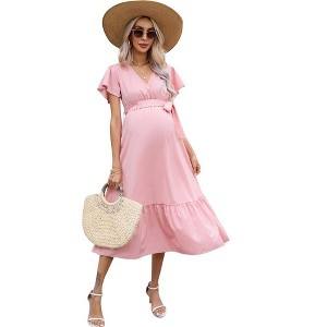 Women's Maternity V Neck Wrap Midi Summer Dress Short Sleeve Boho Casual Nursing Dress Baby Shower Photoshoot Belt - 1 of 4