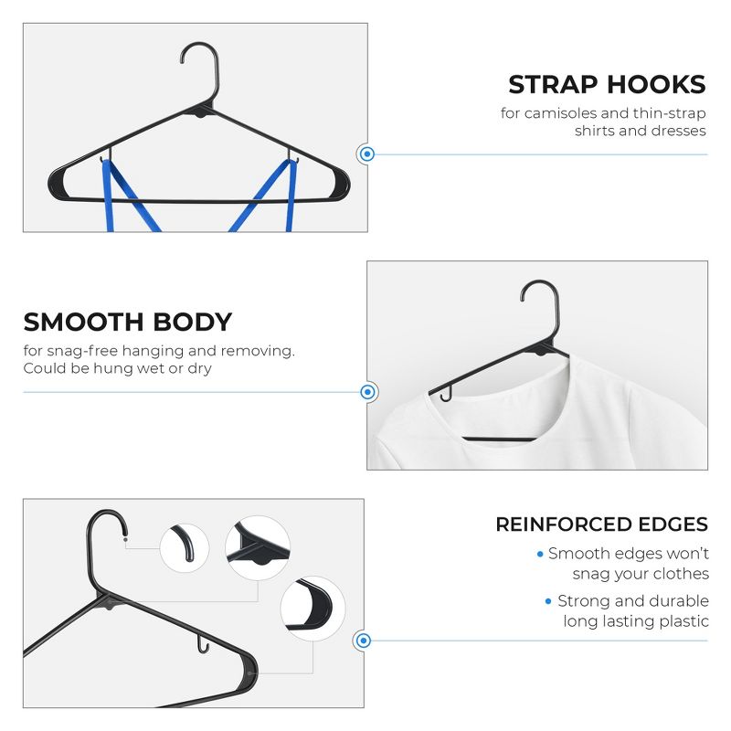 OSTO 50-Pack Standard Plastic Clothes Hangers with Pants Bar and Hooks for Straps; Space Saving, Flexible, Hangs Up to 5.5 lbs, 3 of 5