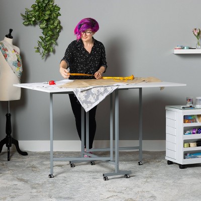 Sew Ready Silver White Folding Craft Table with Locking Wheels