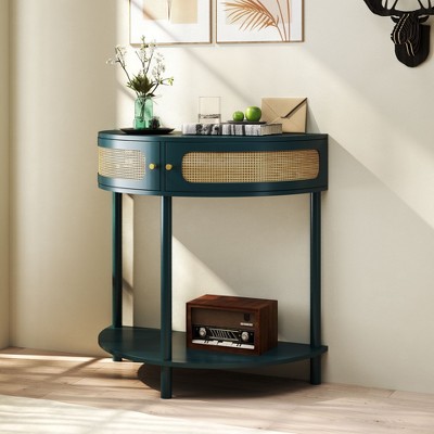NicBex Modern Unique Half Moon End Table with Sliding Rattan Door,Natural Side Table,Console Table for Bedroom,Living Room
