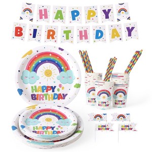 Birthday Party Supplies Serve 25, Happy Birthday Paper Plates, Cups, Straw, Birthday Hat and Banner - 1 of 4