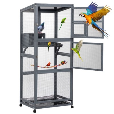 Sandinrayli 68"H Large Wood Bird Cage on Wheels, Outdoor Bird Aviary Indoor Wooden Large Bird Cage Parakeet Cage with Feeder, Gray