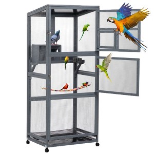 Sandinrayli 68"H Large Wood Bird Cage on Wheels, Outdoor Bird Aviary Indoor Wooden Large Bird Cage Parakeet Cage with Feeder, Gray - 1 of 4