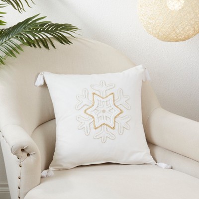 Gold and White Snowflake Poly Filled Square Throw Pillow with Tassels