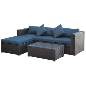 Outsunny 5-Piece Outdoor Sectional Furniture, Patio Sofa Set, PE Wicker Couch, Cushions, Pillows, Ottoman, Coffee Table - 1 of 4