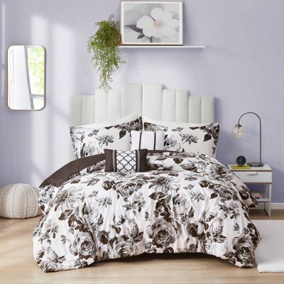 California King Black and White Floral Microfiber Duvet Set