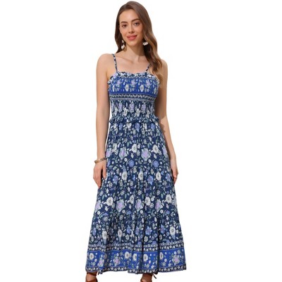 INSPIRE CHIC Women's Summer Spaghetti Strap A-Line Flowy Smocked Midi Boho Floral Sundresses