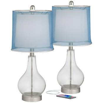 360 Lighting Modern Accent Table Lamps 21.75" High Set of 2 with USB Charging Port Clear Glass Blue Drum Shade for Living Room Desk Bedroom Office