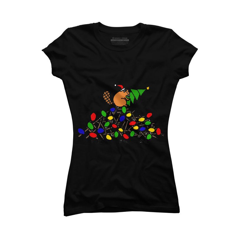 Junior's Design By Humans Cool Christmas Beaver dding Lights to Dam By SmileToday T-Shirt, 1 of 4